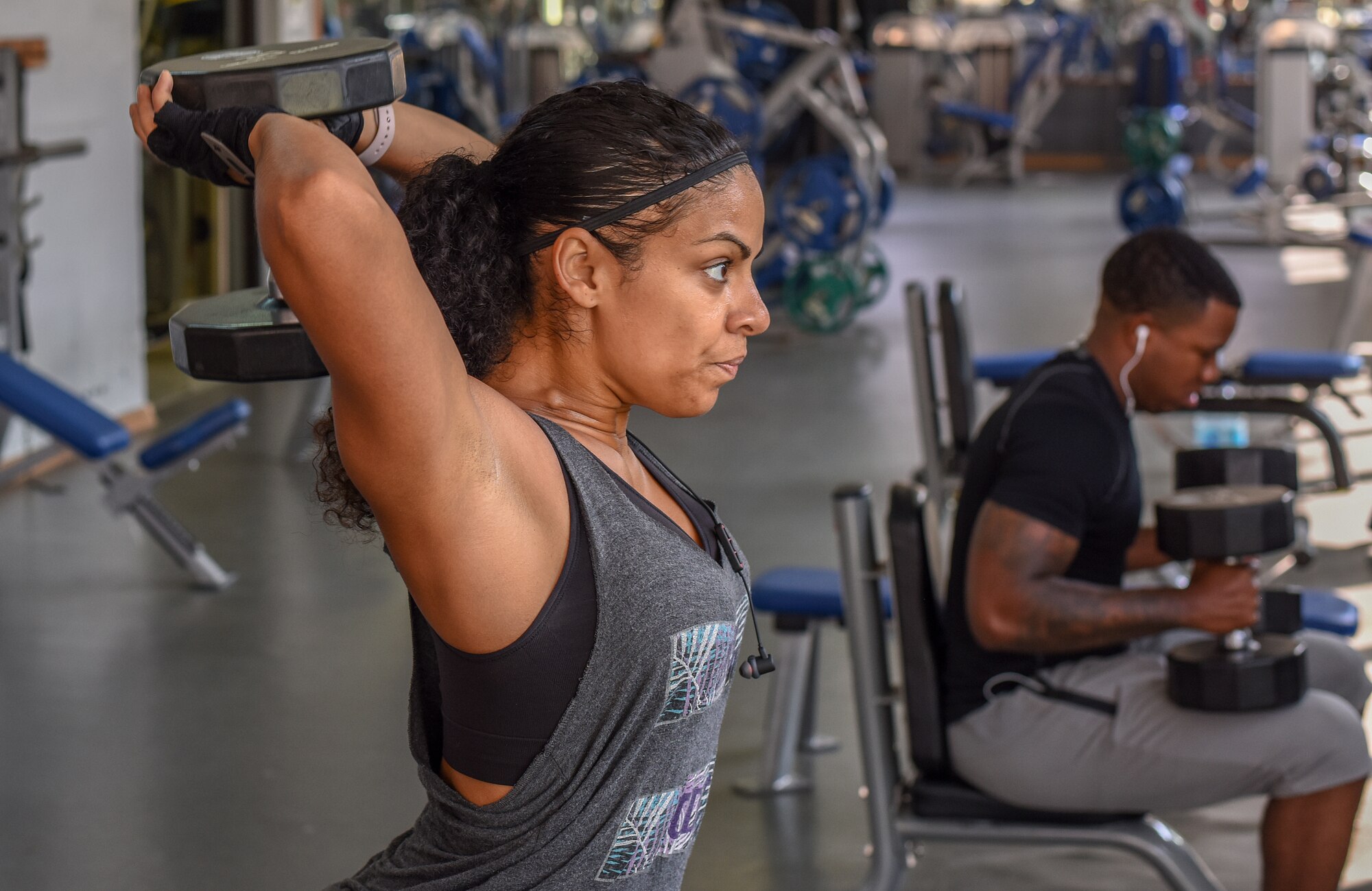 U.S. Air Force Master Sgt. Diana Valdez does a triceps extension exercise at Incirlik Air Base, Turkey, 2018