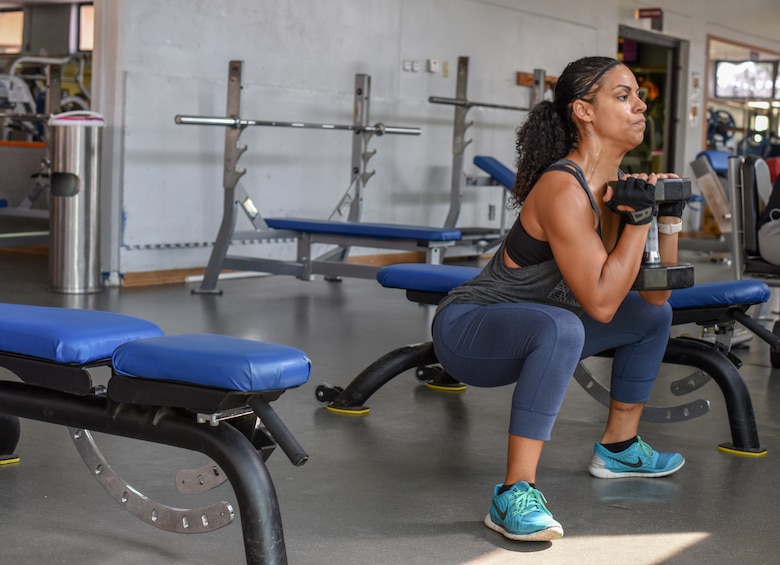 U.S. Air Force Master Sgt. Diana Valdez finishes her workout with a set of goblet squats at Incirlik Air Base, Turkey, 2018