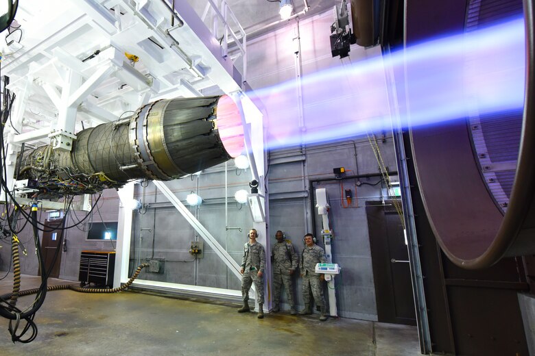 Chief Master Sgt. of the Air Force Kaleth O. Wright watches as a jet engine fires up during an immersion tour, Aug. 1, 2018 at Royal Air Force Lakenheath, England. During his visit, Wright met with 48th Fighter Wing Airmen to answer questions and see how they take care of the mission.  (U.S. Air Force photo/Airman 1st Class Christopher S. Sparks)