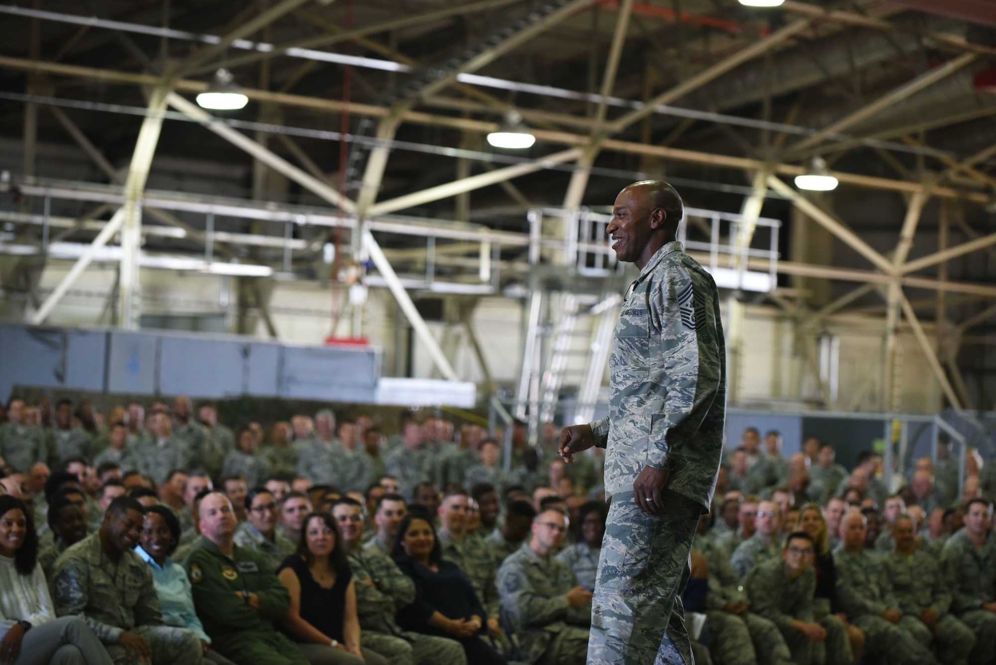 Chief Master Sgt. of the Air Force, Kaleth O. Wright, speaks to Liberty Wing Airmen during an all call, Aug. 1, 2018 at Royal Air Force Lakenheath, England. The purpose of his visit was to meet the men and women of the 48th Fighter Wing and learn about how they take care of the mission. (U.S. Air Force photo/Airman 1st Class Christopher S. Sparks)