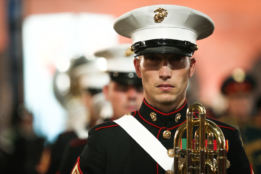 U.S. Marine Corps Staff Sgt. Kevin D. Hertlein, musician, Marine Corps Base Quantico Band, performs during the 2018 Hamina Tattoo at Hamina, Finland, Aug. 1, 2018. The Tattoo showcases over 1,000 performers from eight different nations, celebrating military and musical heritage from all over the world.