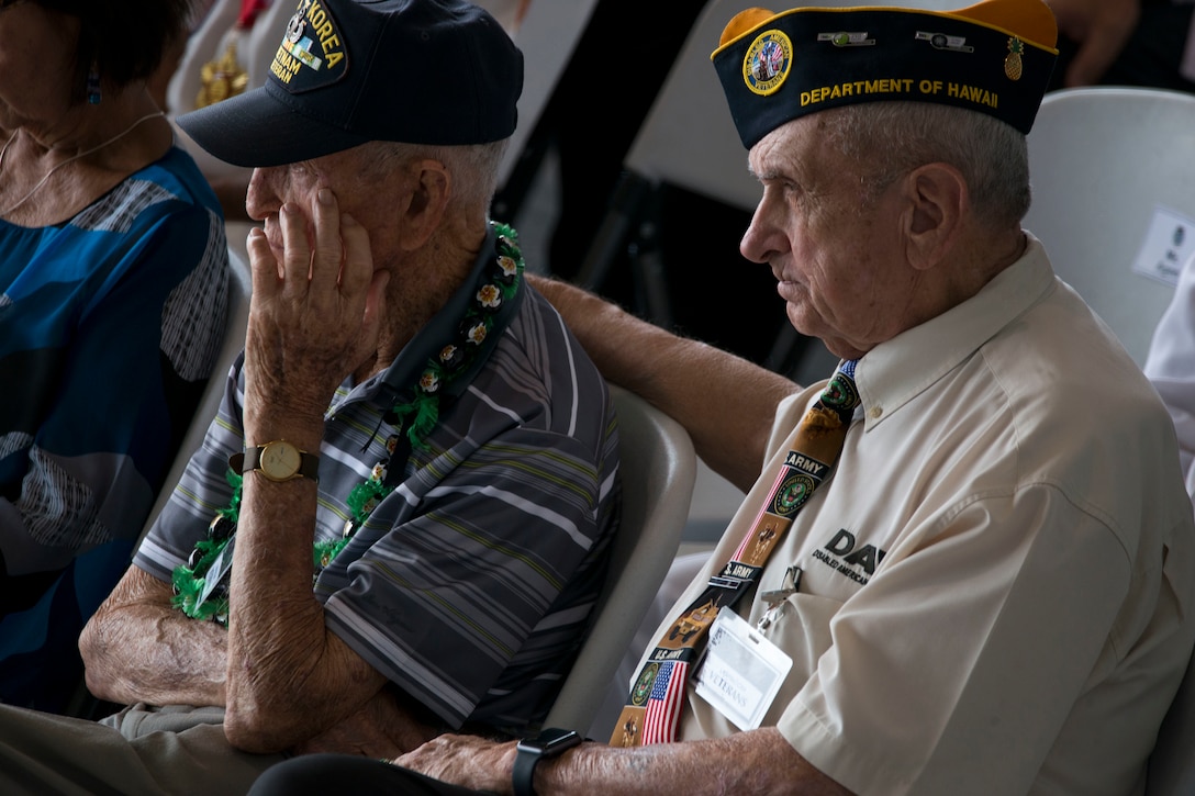 Korean War and Vietnam War service members attend an honorable carry ceremony at Joint Base Pearl Harbor-Hickam, Hawaii, Aug. 1, 2018.