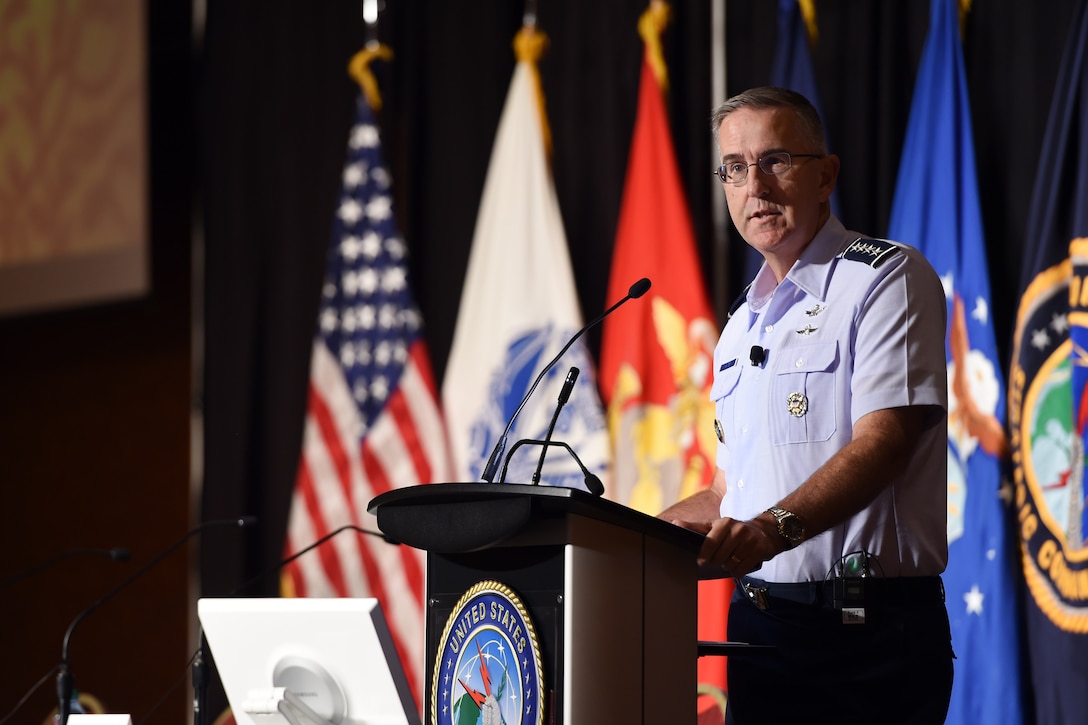 Air Force Gen. John E. Hyten, commander of U.S. Strategic Command, kicks off the 2018 United States Strategic Command Deterrence Symposium in La Vista, Neb., Aug. 1, 2018. His speech focused on deterrence operations and the work of service members around the globe supporting 21st century strategic deterrence. Navy photo by Petty Officer 1st Class Julie R. Matyascik