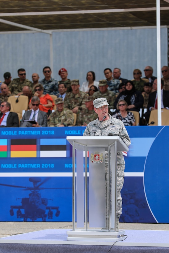 Air Force Gen. Joseph L. Lengyel, chief of the National Guard Bureau, provides opening remarks at the Noble Partner 18 opening ceremony at the Vaziani Airfield, Georgia, Aug. 1, 2018. Army photo by 1st Lt. Ellen C. Brabo