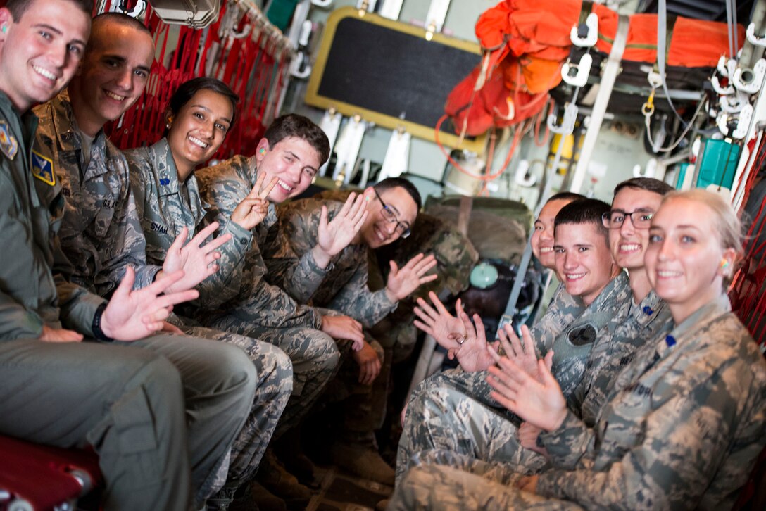 Air Force Reserve Officer Training Corps cadets pose for a photo during Operation Air Force 2018, July 26, 2018, at Moody Air Force Base, Ga. From June 2-Aug. 1, three groups of cadets from across the nation participated in the annual program which gave them an opportunity to see the operational Air Force’s mission and lifestyle before choosing a career as an officer. (U.S. Air Force photo by Airman 1st Class Erick Requadt)