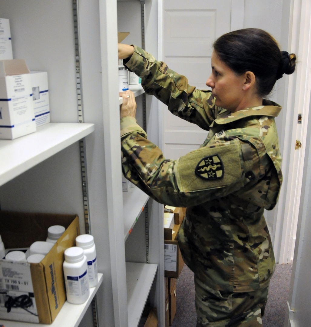 Sgt. Kelly Mahala, an Army Reserve medical logistics specialist assigned to 7390th Blood Detachment, does supply inventory at Escontrias Early Childhood Center in Socorro, Texas. Mahala is one of approximately 50 U.S. Army Reserve and U.S. Army Soldiers who are working in partnership with the Texas A&M Colonias program to provide medical care to El Paso County's underserved colonias population.
