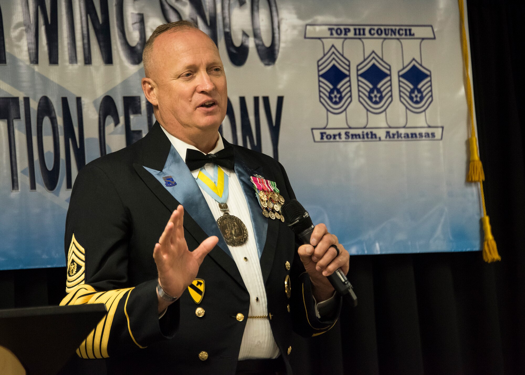 Arkansas State Senior Enlisted Advisor Command Sergeant Steven Veazey delivers remarks during the wing's inaugural Senior Non-commissioned Officer Induction Ceremony, held at Ebbing Air National Guard Base, Ark., June 2, 2018. The wing celebrated the accomplishments of its newest senior NCOs during the evening's event. (U.S. Air National Guard photo by Tech. Sgt. John E. Hillier)