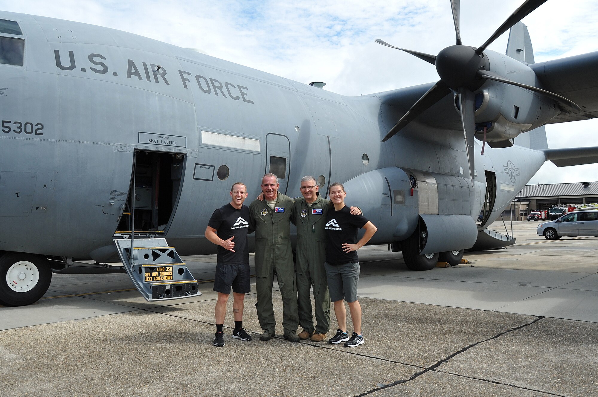 Kevin Klein and Sara Heesen, American Ninja Warriors, were briefed on the hurricane mission and toured a WC-130J of the 53rd Weather Reconnaissance Squadron, 403rd Wing, during the Alpha Warrior tour at Keesler Air Force Base, Mississippi Aug. 2, 2018. Alpha Warrior, built around a unique apparatus, challenges Airmen as they tackle the various obstacles or stations. This program is designed to enhance fitness training by helping Airmen build and maintain resiliency, while at home or deployed. (US. Air
Force photo by Master Sgt. Jessica Kendziorek)