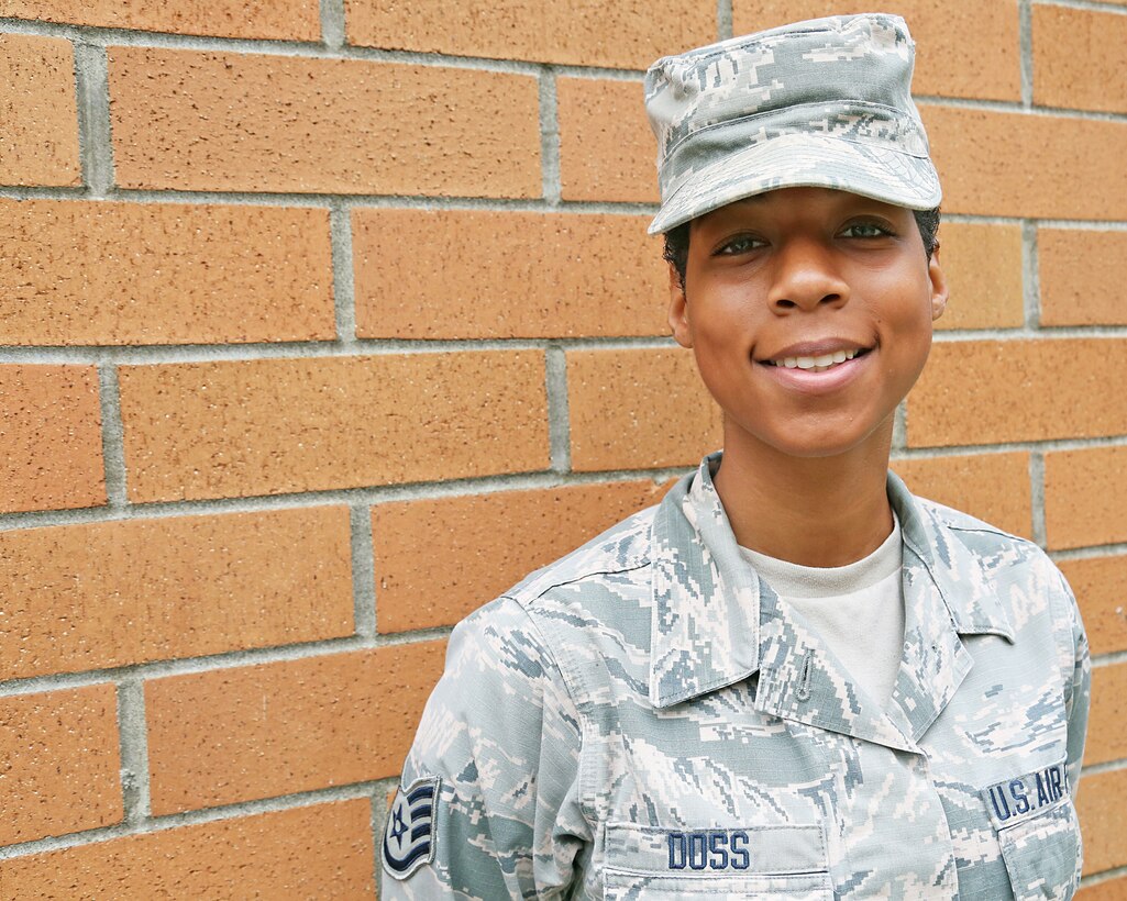 Staff Sgt. Psalmbrea Noel Doss, a personnel specialist with the 194th Force Support Squadron assigned to the Washington Air National Guard, poses for a photo July 18, 2018, at Camp Murray, Wash. Doss heard about the Air National Guard through her mother, who was also once a personnel specialist in the Air Force.