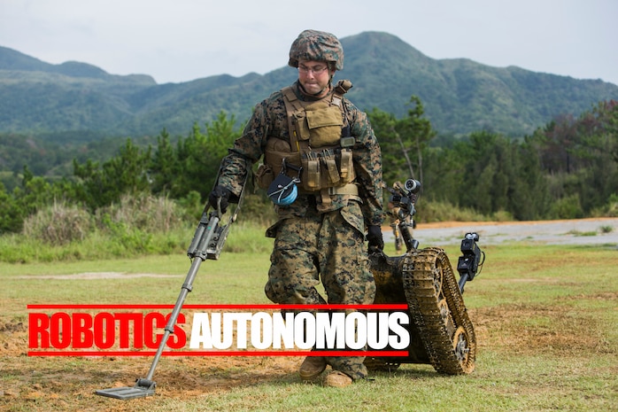 Staff Sgt. David Cain retrieves a Mark II Talon Explosive Ordnance Disposal robot during charge employment training Aug. 2, 2018 at Camp Hansen, Okinawa, Japan.