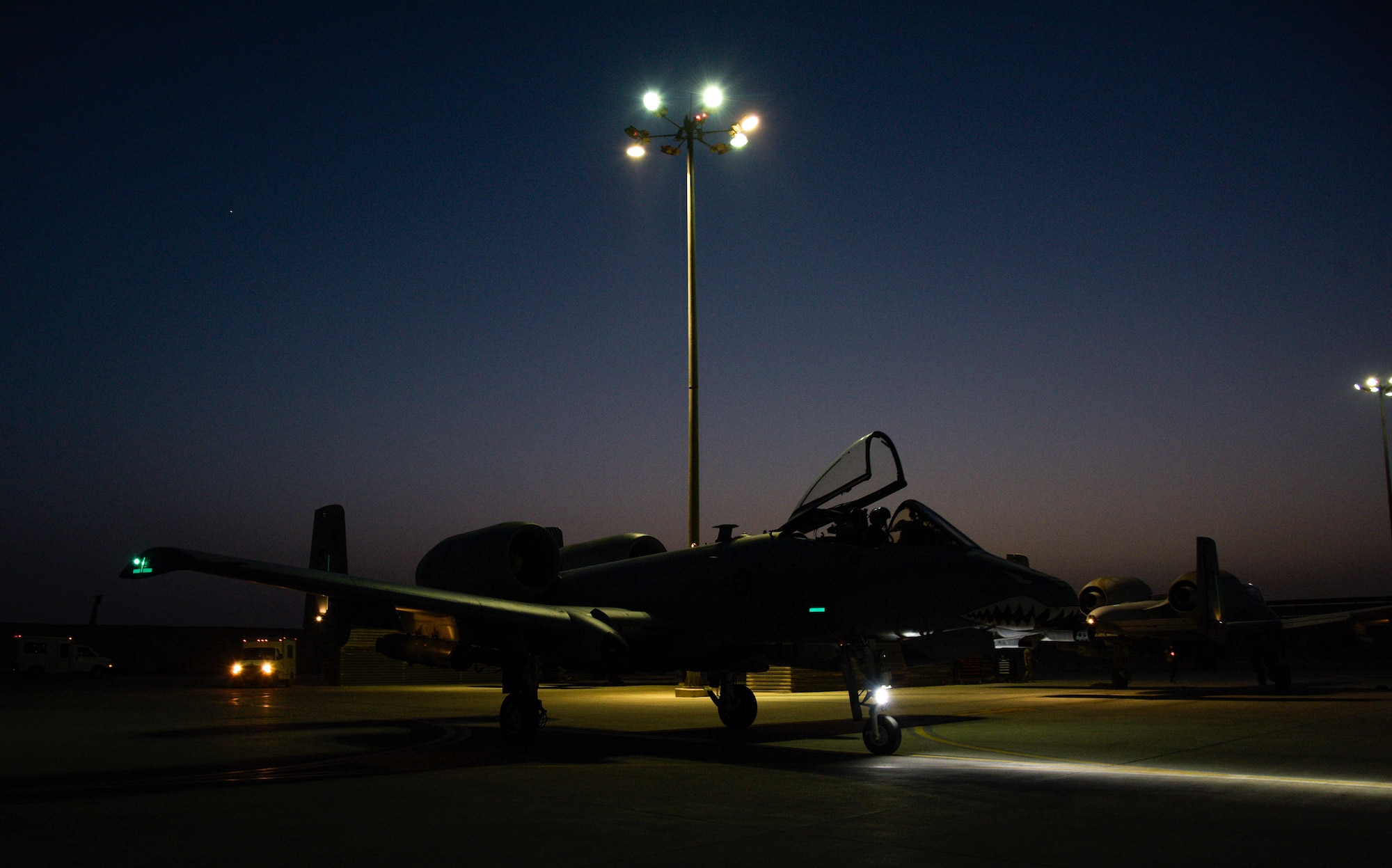 An A-10C Thunderbolt II pilot from the 75th Expeditionary Fighter Squadron, prepares to park after a mission on Kandahar Airfield, Afghanistan, Aug. 2, 2018. The mission, in support of Operation Freedom's Sentinel, provided aide to Afghan coalition partners against opposing forces. (U.S.  Air Force photo by Staff Sgt. Kristin High)