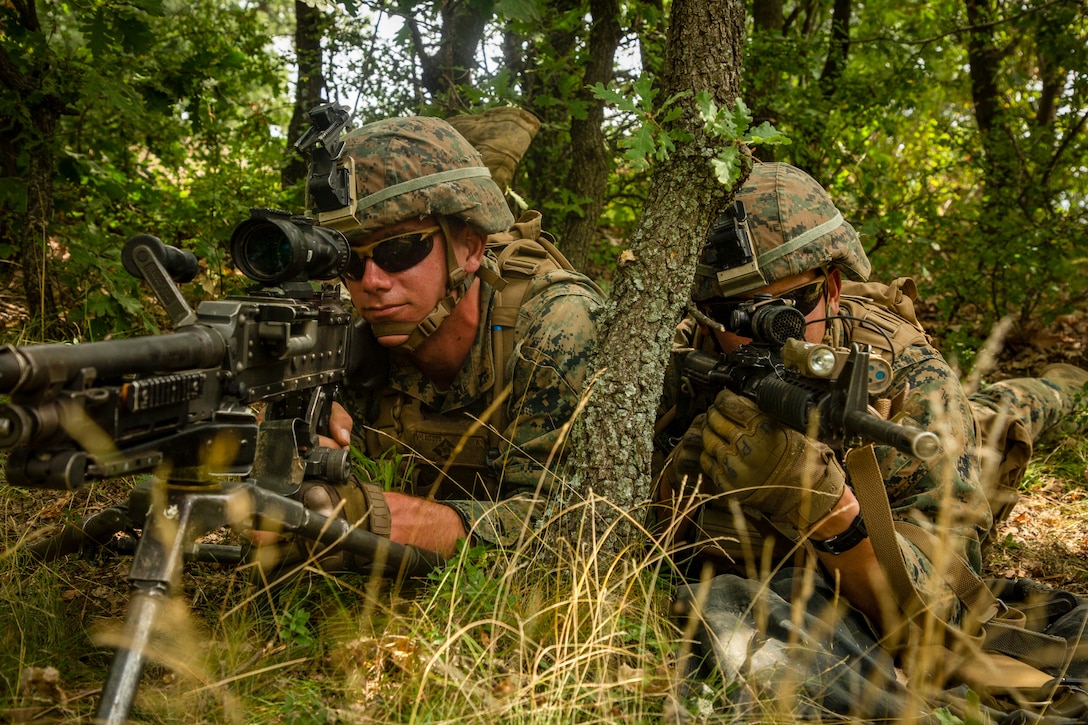 U.S. Marines with Black Sea Rotational Force 18.1 practice prior to a live-fire range during Exercise Platinum Lion aboard Novo Selo Training Area, Bulgaria, July 30, 2018. Marines with BSRF constructed expeditionary ranges in order to facilitate training with Allied and partner nations.