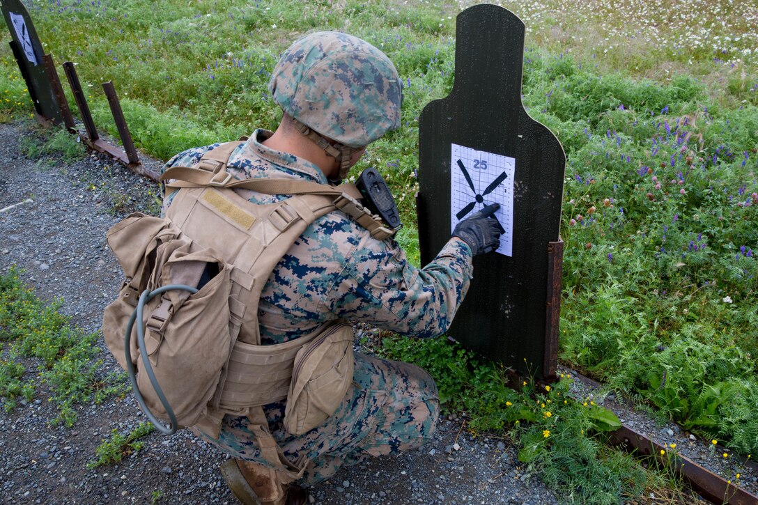 Lance Cpl. Joel Carrizales, with Charlie Company, 1st Battalion, 25th Marine Regiment, plots his shots at the 25-yard-line while zeroing his weapon, Joint Base Elmendorf-Richardson, Anchorage, Alaska, August 1, 2018. Super Squad Competitions were designed to evaluate a 14-man infantry squad throughout an extensive field and live-fire evolution. (U.S. Marine Corps photo by Lance Cpl. Samantha Schwoch/released)