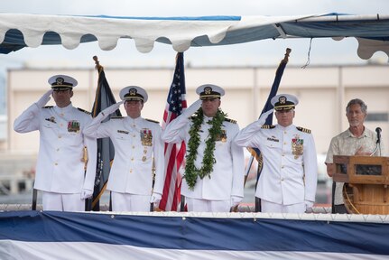 PEARL HARBOR (August 2, 2018) - The official party salutes during a change of command ceremony of the Virginia-class fast-attack submarine USS Hawaii (SSN 776) on the submarine piers in Joint Base Pearl Harbor-Hickam, August 2. Cmdr. Sterling S. Jordan relieved Cmdr. John C. Roussakies as Hawaii’s commanding officer.