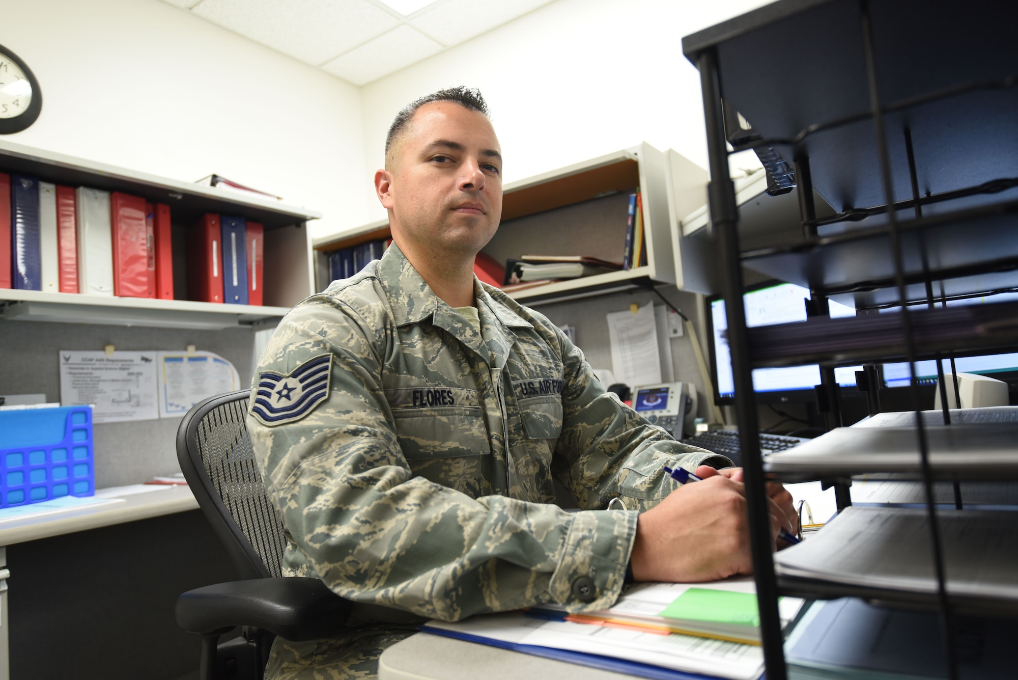 NAVAL AIR STATION FORT WORTH JOINT RESERVE BASE, Texas -- Tech. Sgt. David Flores, 73rd Aerial Port Squadron unit training manager, shares why he joined the military and his career goals while being interviewed for Spotlight July 14, 2018. The Spotlight series gives a behind-the-scenes look at the men and women who are the driving force of the 301st Fighter Wing.