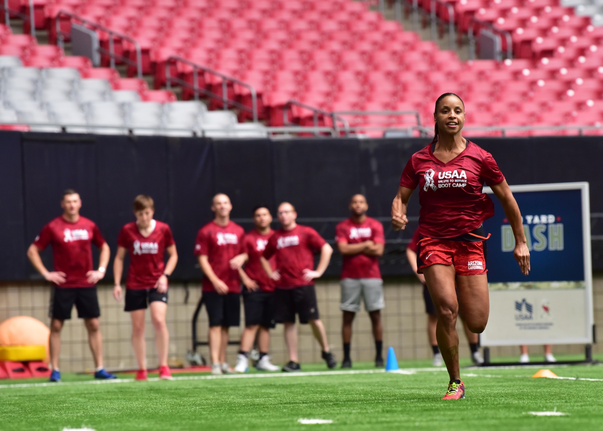 Service members from Luke Air Force Base participate in the 2018 Arizona Cardinals National Football League Boot-Camp experience at the University of Phoenix Stadium Aug 3.