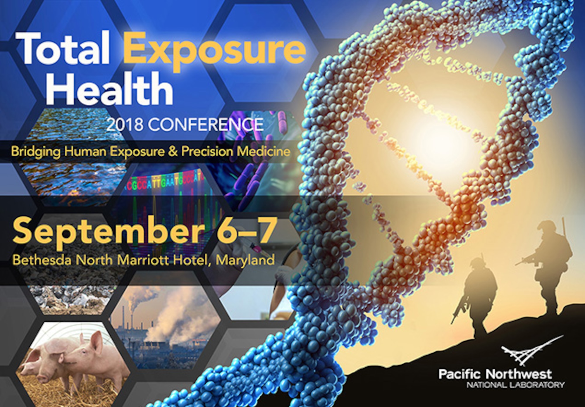 Total Exposure Health Conference 2018 is the scientific meeting concerning the application of exposure science to precision medicine. This conference introduces key exposure and health challenges for the military, military veterans, and the greater public. Advancements in toxicology, exposure science, and precision medicine will be presented and discussed in the context of real-world issues applicable to stakeholder interests. This year’s theme, Bridging Human Exposure & Precision Medicine, is a key concept in support of the Air Force Medical Service’s Total Exposure Health program and a main focus of the conference. (Courtesy graphic)