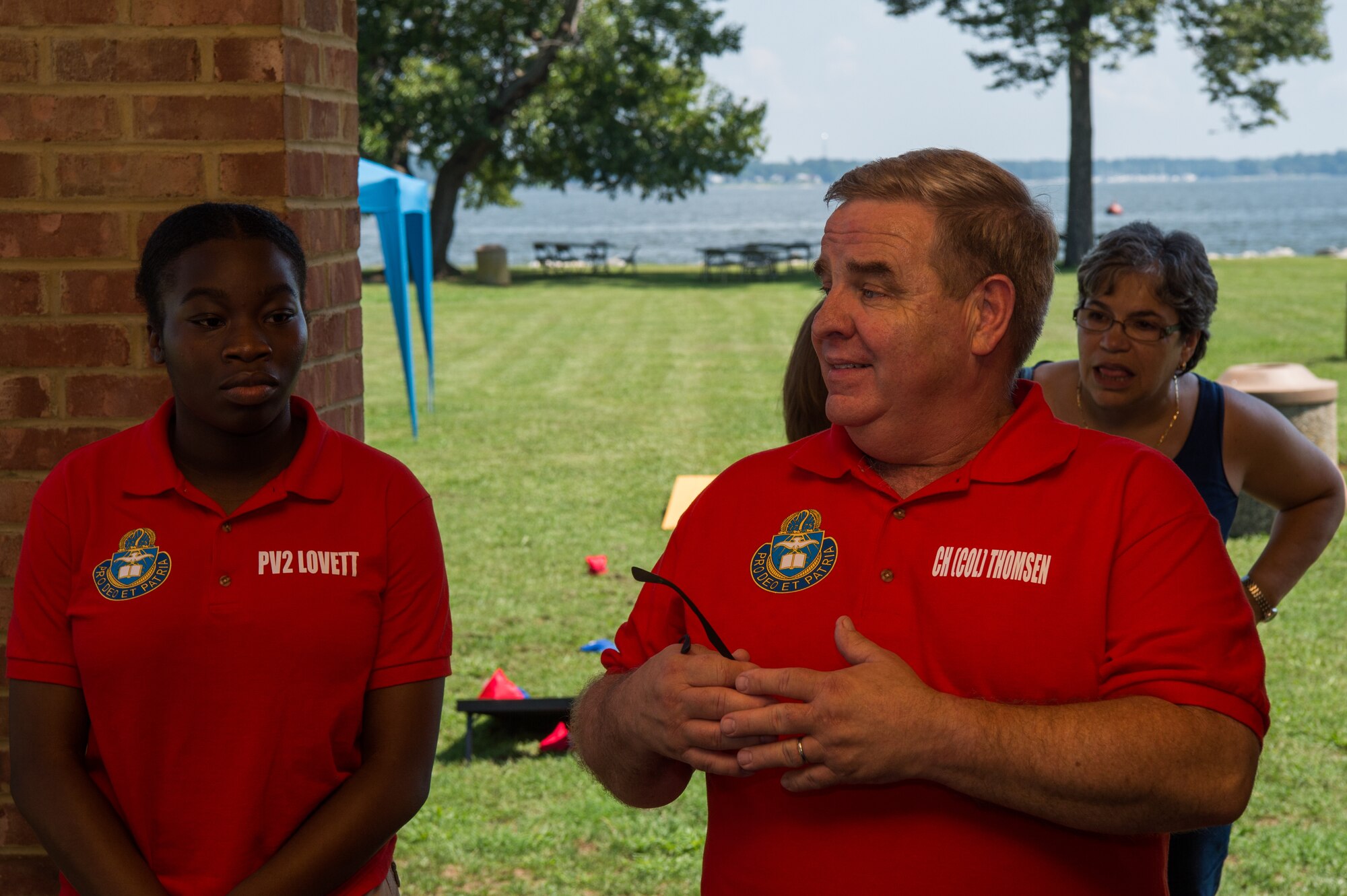 U.S. Army Col. Darrell Thomsen, Joint Base Langley-Eustis deputy wing chaplain, thanks attendees for their support during the U.S. Army Chaplain Corps 243rd Anniversary celebration at Yorktown, Virginia, July 27, 2018.