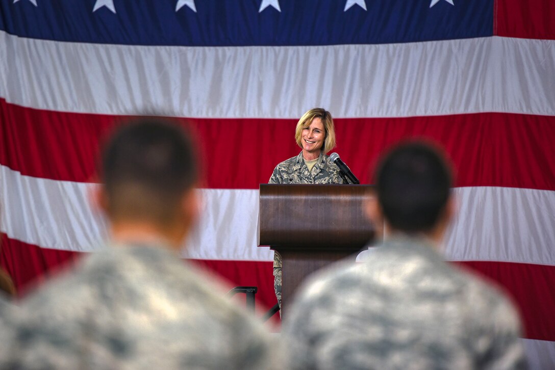 Col. Tiffany Morgan, 23d Medical Group commander, gives remarks during a change of command ceremony, Aug. 3, 2018, at Moody Air Force Base, Ga. Morgan leads 280 staff members in providing outpatient medical, dental, occupational, environmental and preventive healthcare services in support of two combat ready wings. (U.S. Air Force photo by Senior Airman Greg Nash)