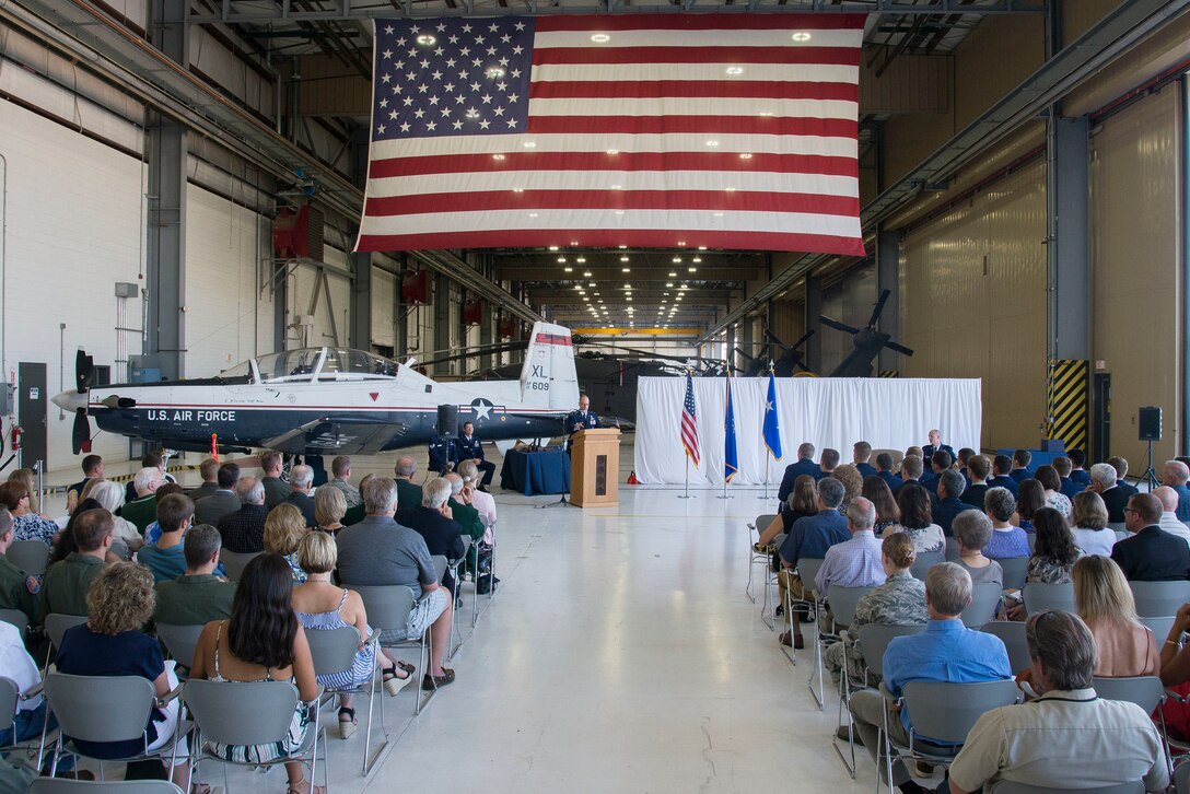 U.S. Air Force Maj. Gen. Mark Weatherington, Air Education and Training Command deputy commander, speaks to the family and friends of the Pilot Training Next graduates August 3, 2018, at the Armed Forces Reserve Center, Austin, Texas. PTN is a program to explore and potentially prototype a training environment that integrates various technologies to produce pilots in an accelerated, cost efficient, learning-focused manner.  (U.S. Air Force photo by Sean M. Worrell)