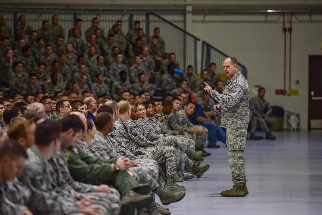 Brig. Gen. John J. Nichols, 509th Bomb Wing commander, addresses Airmen during a safety stand-down all call July 27, 2018, at Whiteman Air Force Base, Mo. After three years of zero reportable motorcycle incidents, base leaders cautioned members to review safety regulations and apply sound decision making in the wake of of a recent spike in rider mishaps. Nichols announced a comprehensive review of safety protocol and launch of a new rider mentorship program. (U.S. Air force photo by Tech. Sgt. Alexander W. Riedel)