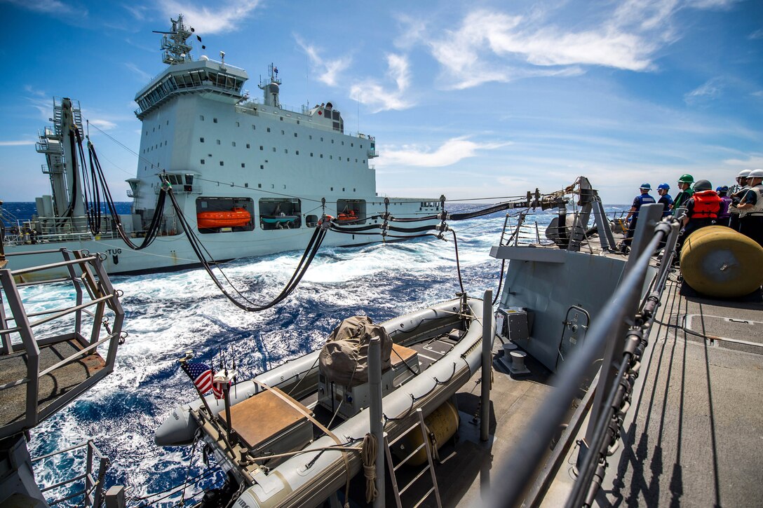 Navy ships conduct a replenishment-at-sea during Rim of the Pacific exercise.