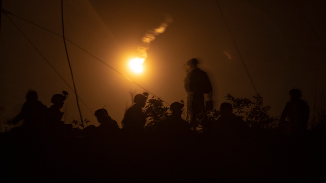 Marines with Battalion Landing Team, 1st Battalion, 2nd Marines, 22nd Marine Expeditionary Unit observe an illumination round during a range as part of the 22nd MEU Deployment for Training at Fort A.P. Hill, VA., Aug. 1, 2018. The range allowed multiple batteries such as artillery, mortars and fixed-wing aircraft to train together in order to improve internal standard operating procedures in preparation for their upcoming deployment.
