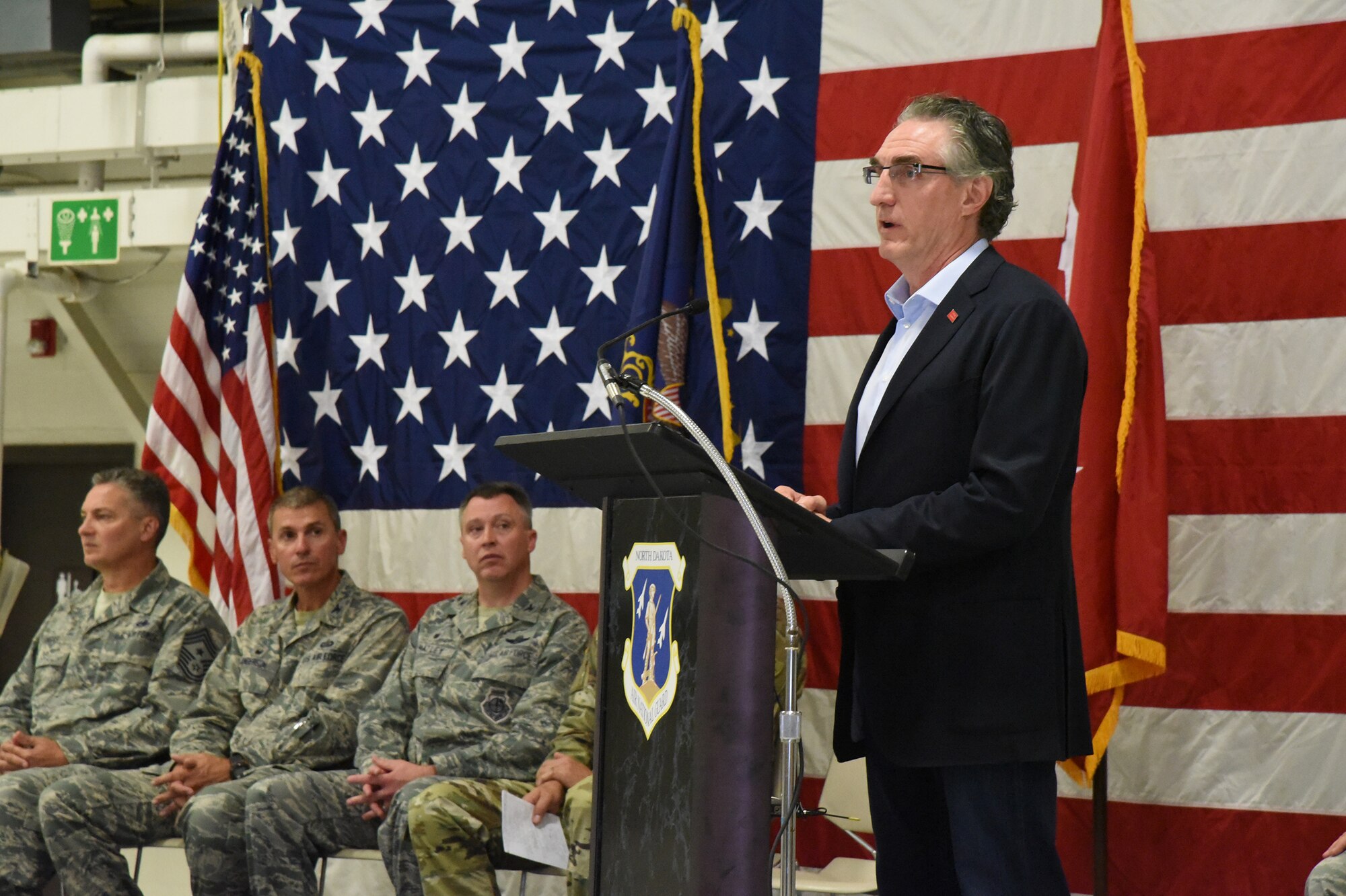 Gov. Doug Burgum speaks at 119th Wing change of command ceremony, at the North Dakota Air National Guard Base, Fargo, N.D., Aug. 4, 2018.