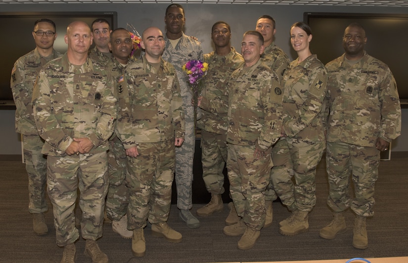 U.S. Air Force Master Sgt. Valentino Thorne, 87th Logistics Readiness Squadron superintendent of squadron readiness, poses with his Army classmates after a U.S. Army NCO Academy master leadership course graduation on Joint Base McGuire-Dix-Lakehurst, N.J., July 20, 2018. Thorne took the two-week class as a requirement of promotion to E-7 and graduated as the class leader with an overall 90 percent average. (U.S. Air Force photo by Airman Ariel Owings)