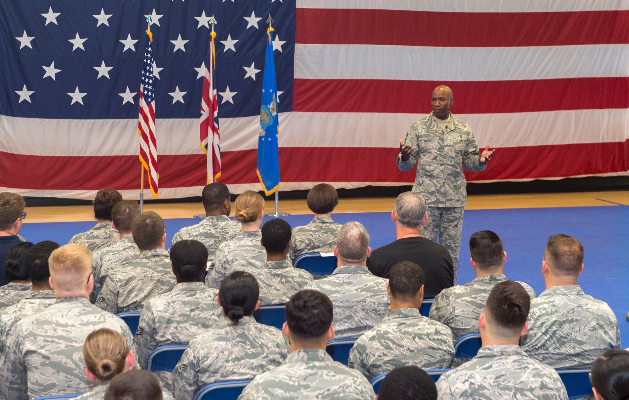 Chief Master Sgt. of the Air Force, Kaleth O. Wright, speaks with Airmen from the 501st Combat Support Wing during an all call Aug. 3, 2018 at RAF Croughton, United Kingdom. The purpose of his visit was to meet with Air Force Airmen, speak about various Air Force topics and learn more about the 501st CSW mission. (U.S. Air Force photo by Senior Airman Chase Sousa)