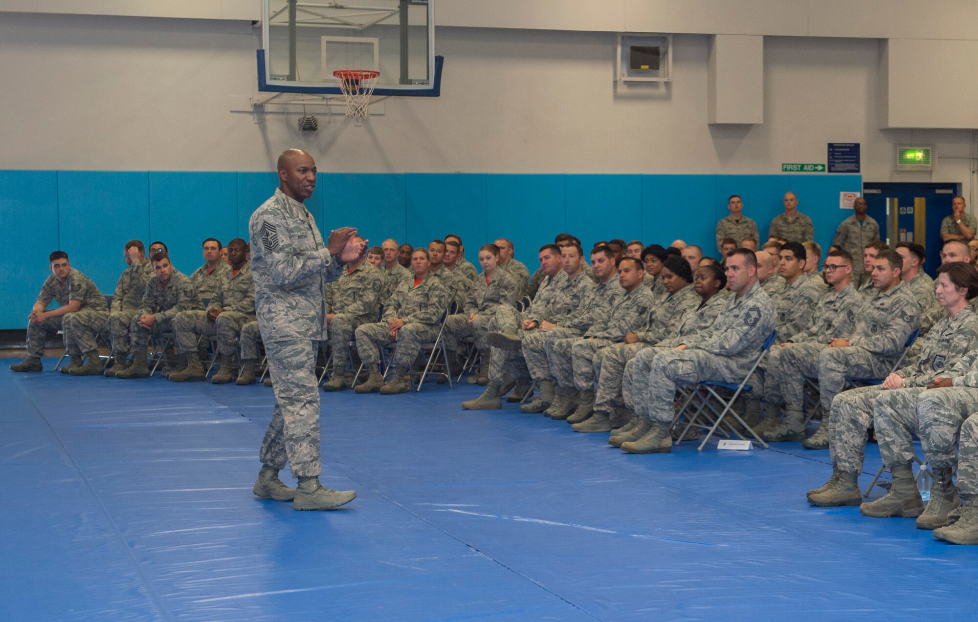 Chief Master Sgt. of the Air Force, Kaleth O. Wright, speaks with Airmen from the 501st Combat Support Wing during an all call Aug. 3, 2018 at RAF Croughton, United Kingdom. The purpose of his visit was to meet with Air Force Airmen, speak about various Air Force topics and learn more about the 501st CSW mission. (U.S. Air Force photo by Senior Airman Chase Sousa)