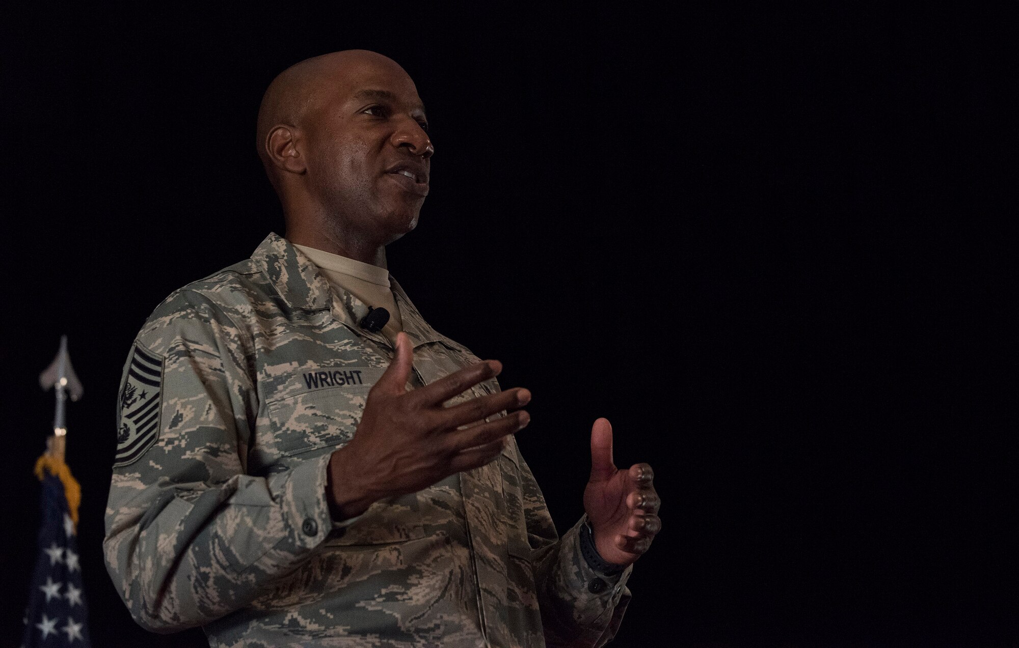 Chief Master Sgt. of the Air Force, Kaleth O. Wright, speaks with Airmen from the 501st Combat Support Wing (CSW) and partnering tenant units during an all call on Aug. 3, 2018 at RAF Alconbury, United Kingdom. The purpose of his visit was to meet with U.S. Air Force Airmen, speak about some current Air Force topics and learn more about the 501st CSW mission. (U.S. Air Force photo by TSgt. Brian Kimball)
