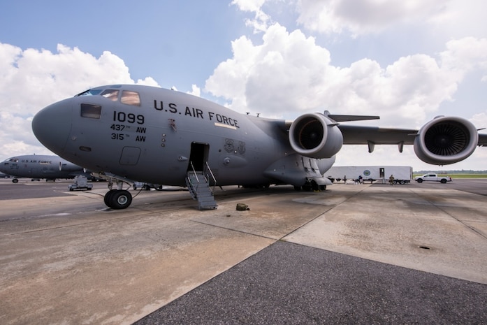 Members of the 437th Aerial Port Squadron conduct a test load of a Large Mobile Air Traffic Control Tower onto a C-17 Globemaster III July 26, 2018, at the Joint Base Charleston Air Base.
