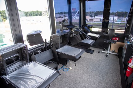 The inside of a newly constructed Large Mobile Air Traffic Control Tower is displayed at the Joint Base Charleston - Weapons Station July 26, 2018, during an inspection with members from Space and Naval Warfare Systems Center Atlantic and the Federal Aviation Administration.