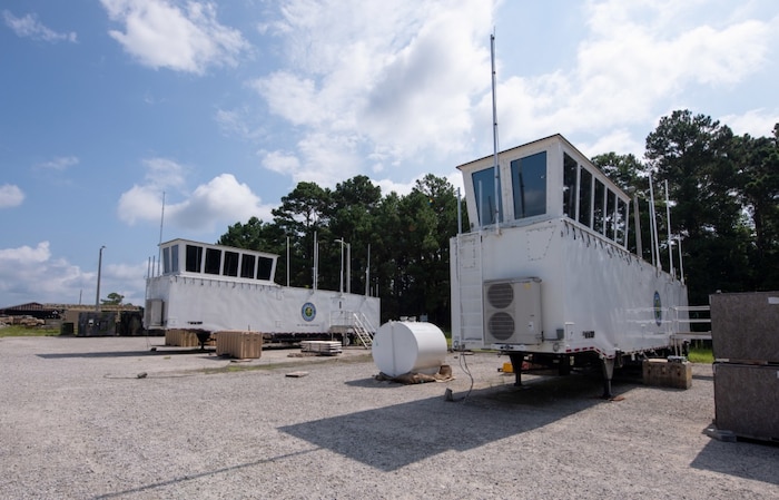 Newly designed Large Mobile Air Traffic Control Towers are staged at the Joint Base Charleston Weapons Station July 26, 2018, in preparation for final inspections and electronics testing by Space and Naval Warfare Systems Center Atlantic engineers and Federal Aviation Administration officials.