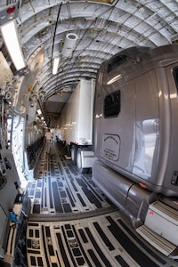 A Large Mobile Air Traffic Control Tower sits onboard a C-17 Globemaster III following a test load conducted by the 437th Aerial Port Squadron July 26, 2018, at the Joint Base Charleston Air Base.