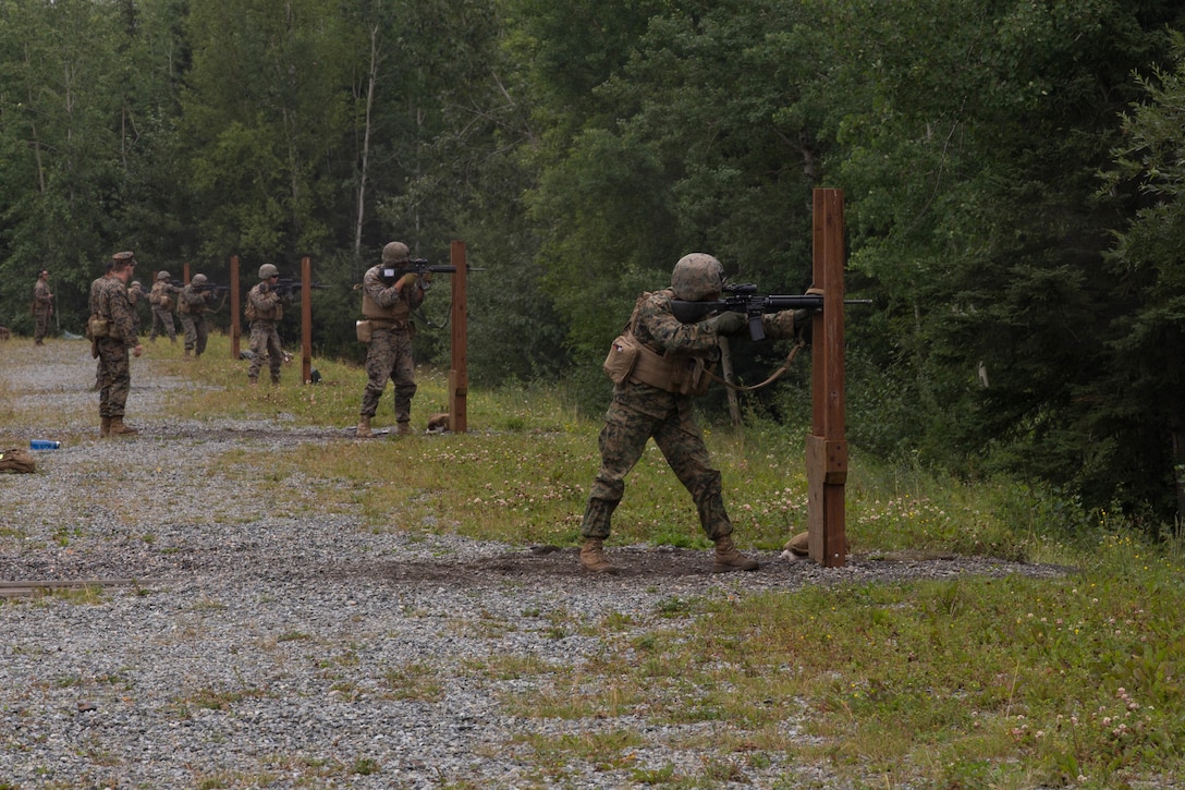Marines with Charlie Company, 1st Battalion, 23rd Marine Regiment, competing in the 4th Marine Division Annual Rifle Squad Competition, conduct an Unknown Distance course of fire at Joint Base Elmendorf-Richardson, Anchorage, Alaska, August 2, 2018. Super Squad Competitions were designed to evaluate a 14-man infantry squad throughout an extensive field and live-fire evolution. (U.S. Marine Corps photo by Lance Cpl. Samantha Schwoch/released)