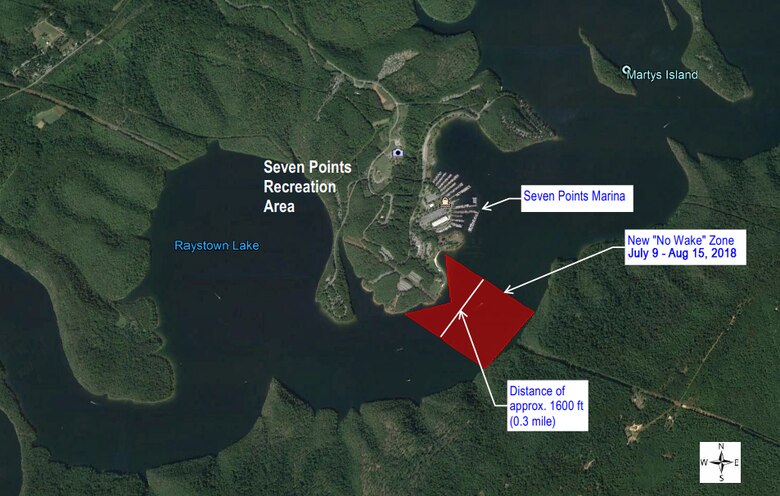 The temporary “No Wake” zone can be seen on the attached map. The zone begins approximately 600 feet south of Seven Points Marina, extending southward for a distance of approximately 0.3 miles and across the entire lake extending east to west.