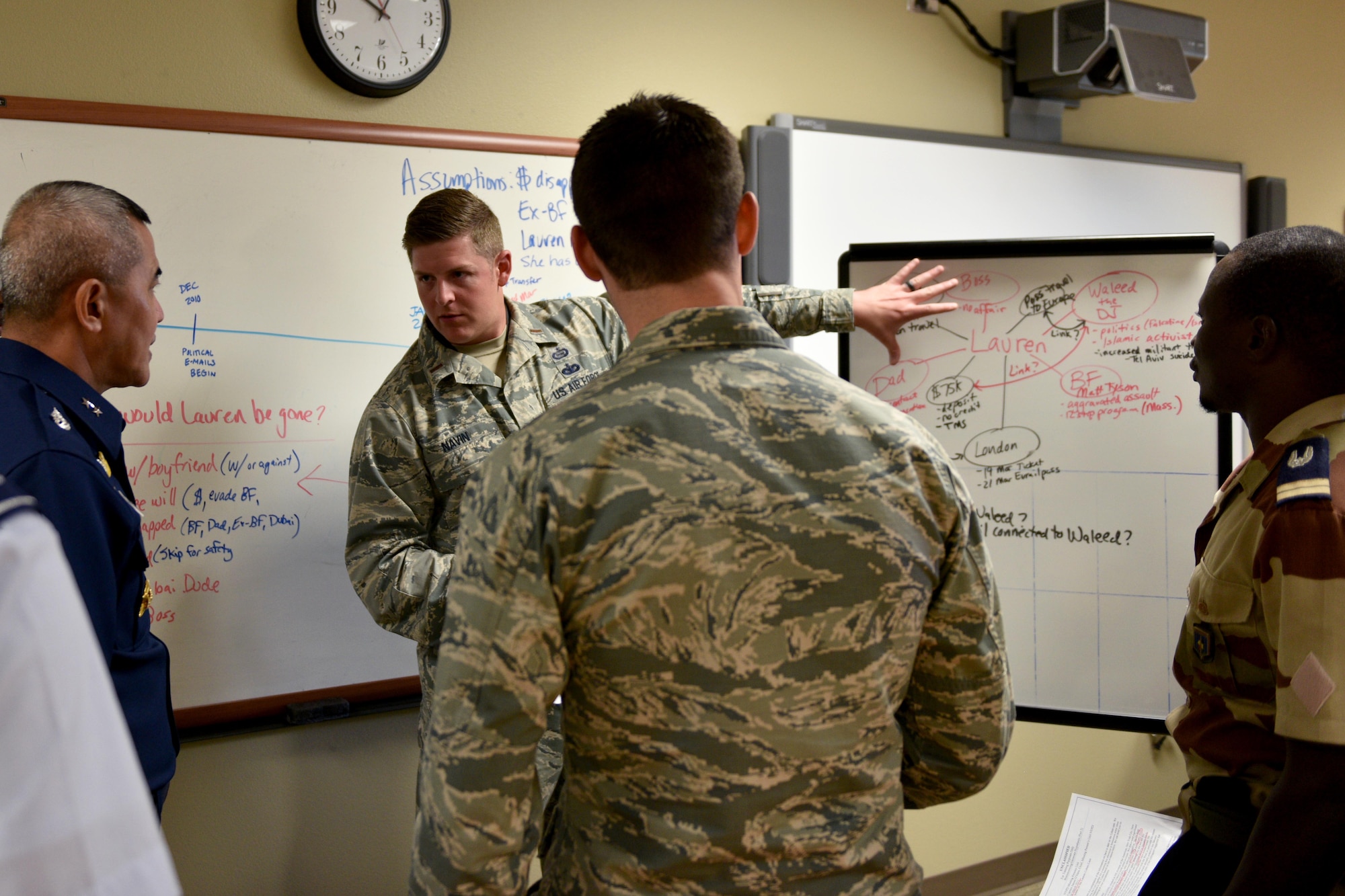 U.S. Air Force 2nd Lt. Adam Naven, 315th Training Squadron student, provides Royal Thai air force Air Vice Marshall Pongsawat Jantasarn, an update on his team’s findings during an integrated analytics exercise in the Consolidated Learning Center on Goodfellow Air Force Base, Texas, Aug. 2, 2018. The 315th TRS’s mission is to train, educate and mentor our future intelligence, surveillance and reconnaissance warriors through innovation. (U.S. Air Force photo by Senior Airman Randall Moose/Released)