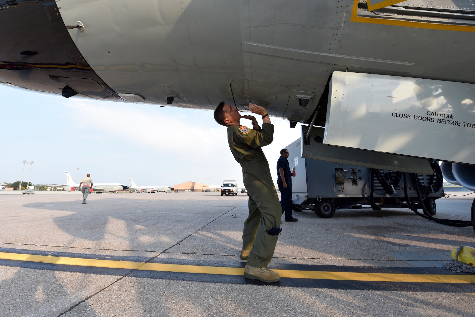 Nebraska National Guard Lt. Col. Mike Holdcroft, 170th Operational Support Squadron commander, conducts a preflight inspection of a RC-135V/W Rivet Joint Aug. 5, 2018 at Offutt Air Force Base, Nebraska. Holdcroft was the aircraft commander of a unique training sortie with a flight and mission-crew comprised almost exclusively of reserve component Airmen. The aircraft is an extensively modified C-135. The Rivet Joint's modifications are primarily related to its on-board sensor suite, which allows the mission crew to detect, identify and geolocate signals throughout the electromagnetic spectrum. The mission crew can then forward gathered information in a variety of formats to a wide range of consumers via Rivet Joint's extensive communications suite. (U.S. Air Force photo by 2nd Lt. Drew Nystrom)