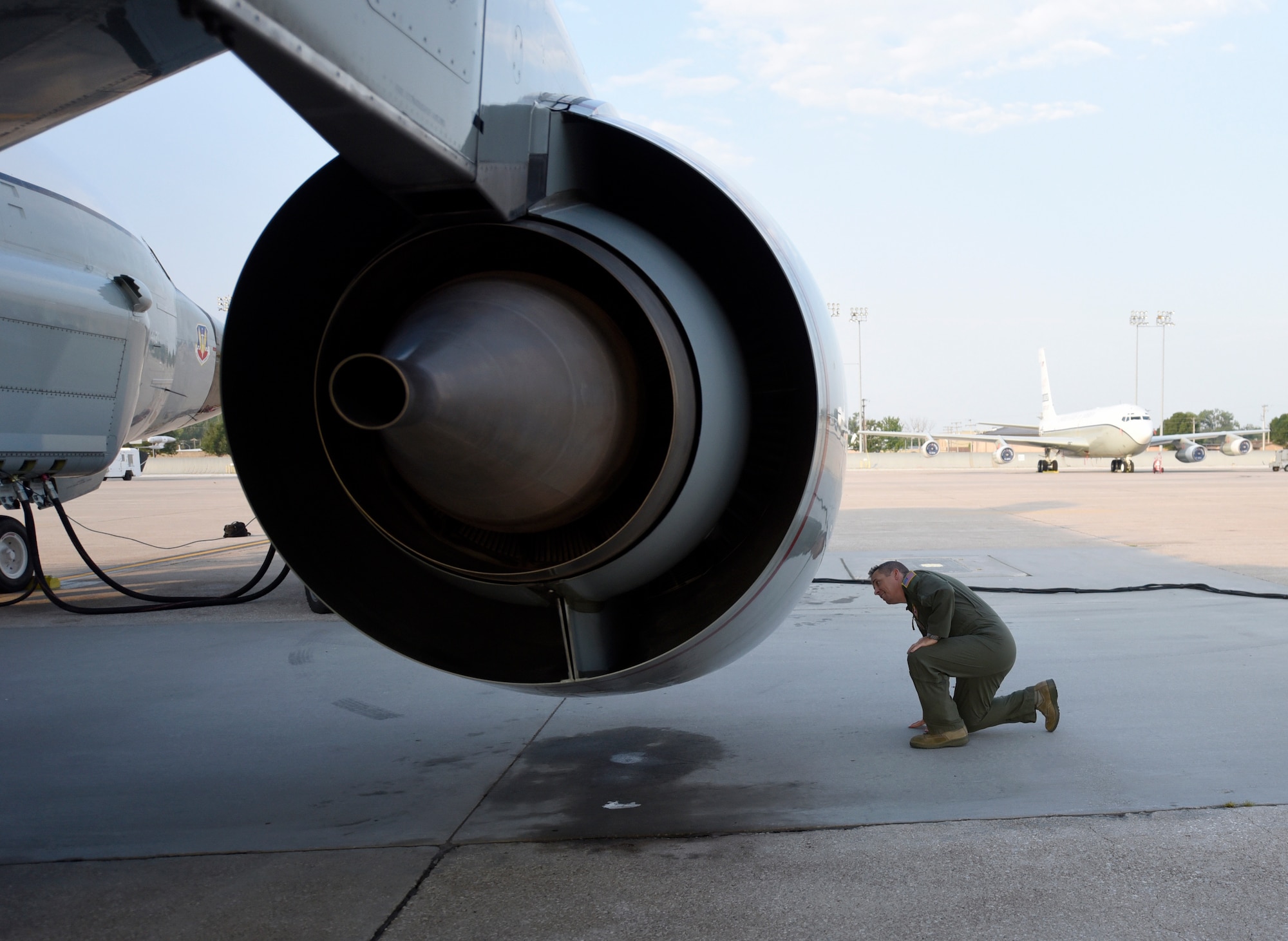 Nebraska National Guard Lt. Col. Mike Holdcroft, 170th Operational Support Squadron commander, conducts a preflight inspection on one of the  RC-135V/W Rivet Joint's four CFM International F108-CF-201 high-bypass turbofan engines Aug. 5, 2018 at Offutt Air Force Base, Nebraska. Holdcroft was the aircraft commander of a unique training sortie with a flight and mission-crew comprised almost exclusively of reserve component Airmen. The aircraft is an extensively modified C-135. The Rivet Joint's modifications are primarily related to its on-board sensor suite, which allows the mission crew to detect, identify and geolocate signals throughout the electromagnetic spectrum. The mission crew can then forward gathered information in a variety of formats to a wide range of consumers via Rivet Joint's extensive communications suite. (U.S. Air Force photo by 2nd Lt. Drew Nystrom)