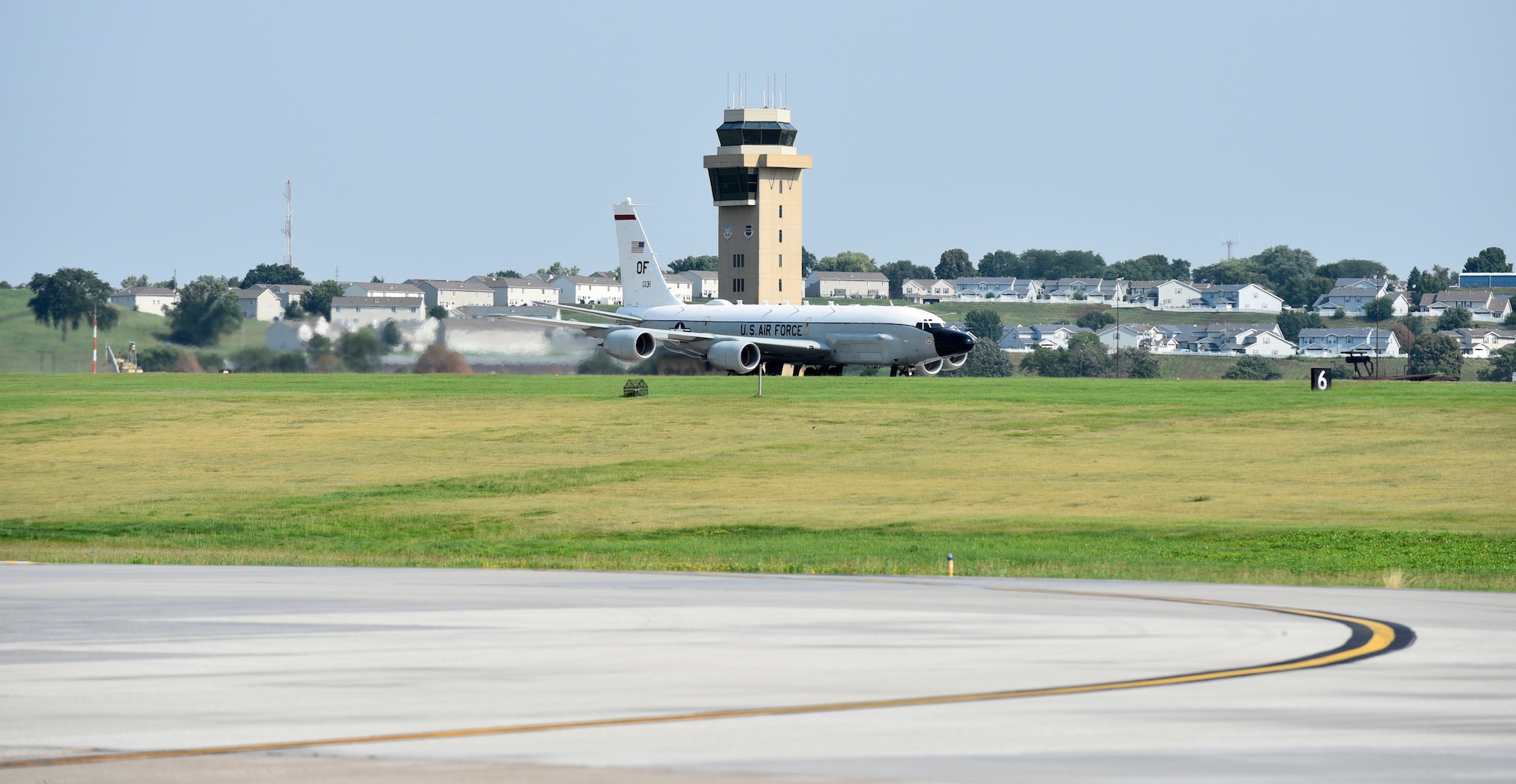 An Offutt-based RC-135V/W Rivet Joint accelerates during takeoff Aug. 5, 2018 at Offutt Air Force Base, Nebraska. The aircraft was flown during a unique training sortie with a flight and mission-crew comprised almost exclusively of reserve component Airmen. The aircraft is an extensively modified C-135. The Rivet Joint's modifications are primarily related to its on-board sensor suite, which allows the mission-crew to detect, identify and geolocate signals throughout the electromagnetic spectrum. The mission crew can then forward gathered information in a variety of formats to a wide range of consumers via Rivet Joint's extensive communications suite. (U.S. Air Force photo by 2nd Lt. Drew Nystrom)