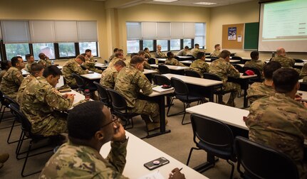 U.S. Army Alaska Soldiers attend a class at the education center on Joint Base Elmendorf-Richardson, Alaska, Aug. 8, 2018. The Education Center assists Airmen, Soldiers and family members in meeting their personal and professional development goals through a variety of educational, training and testing programs.