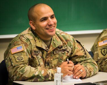 A U.S. Army Alaska paratrooper attends a class at the education center on Joint Base Elmendorf-Richardson, Alaska, Aug. 8, 2018. The education center hosts four colleges, offering undergraduate and graduate-level programs. It also provides information on supplemental funding for education, such as federal student aid, scholarships and the GI Bill.