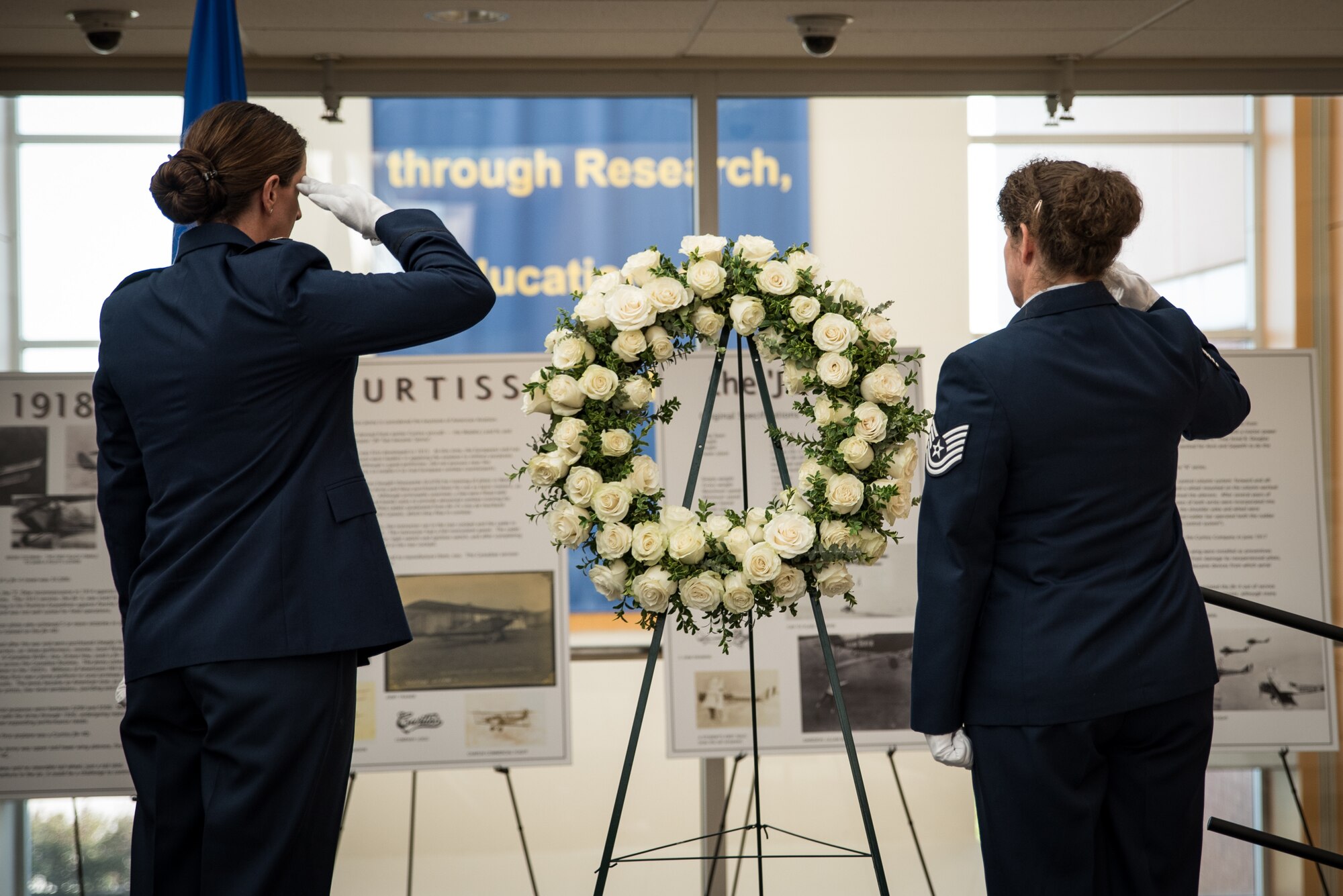 The School of Air Evacuation’s 75th anniversary event included a wreath laying ceremony in remembrance of the flight nurses and technicians who have lost their lives in the line of duty. The two-day event was held at USAFSAM, part of the larger centennial celebration. (U.S. Air Force photo by Rick Eldridge)