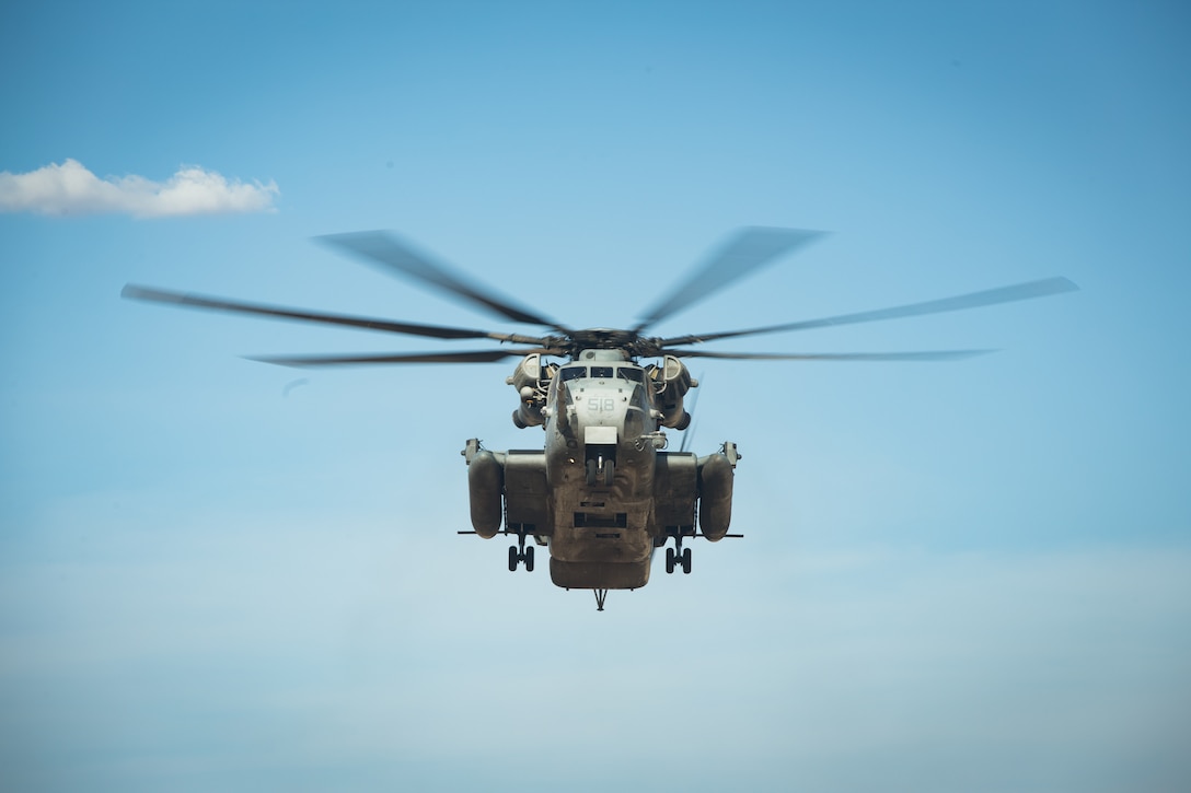 A CH-53 Super Stallion prepares to land during exercise Summer Fury, at Range 2057 South, Calif., Aug. 2, 2018. The exercise was conducted to increase 1st Marine Division, operations proficiency by incorporating establishing, transitioning and phasing control of aircraft and missiles across multiple locations.