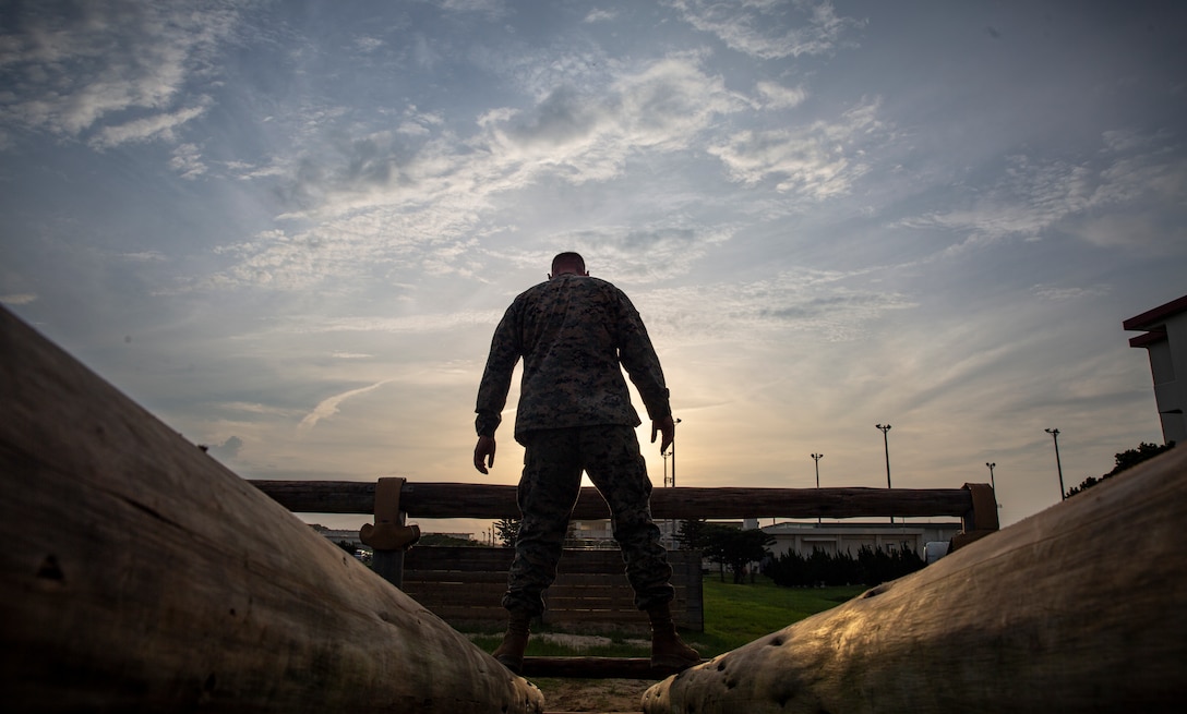 A Marine with Marine Wing Support Squadron 172, Marine Aircraft Group 36, 1st Marine Aircraft Wing, engages in the obstacle course at Camp Hansen, Okinawa, Japan, August 3, 2018. The MWSS-172 Marines participated in the obstacle course together to boost morale and strengthen unit cohesion. The Marines utilize proper technique instead of muscling through the course to reduce risk of injury.