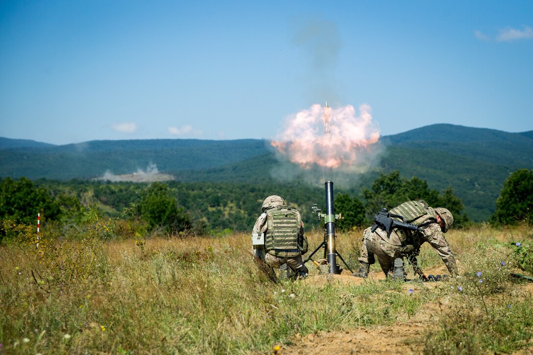 Montenegrin soldiers fire an 81mm mortar during Exercise Platinum Lion 18 at Novo Selo Training Area, Bulgaria, Aug. 3, 2018. Platinum Lion is an annual field training exercise that reinforces relationships in a joint training environment, builds understanding of partner nation tactics, techniques and procedures, and increases interoperability with Allied and partner forces.