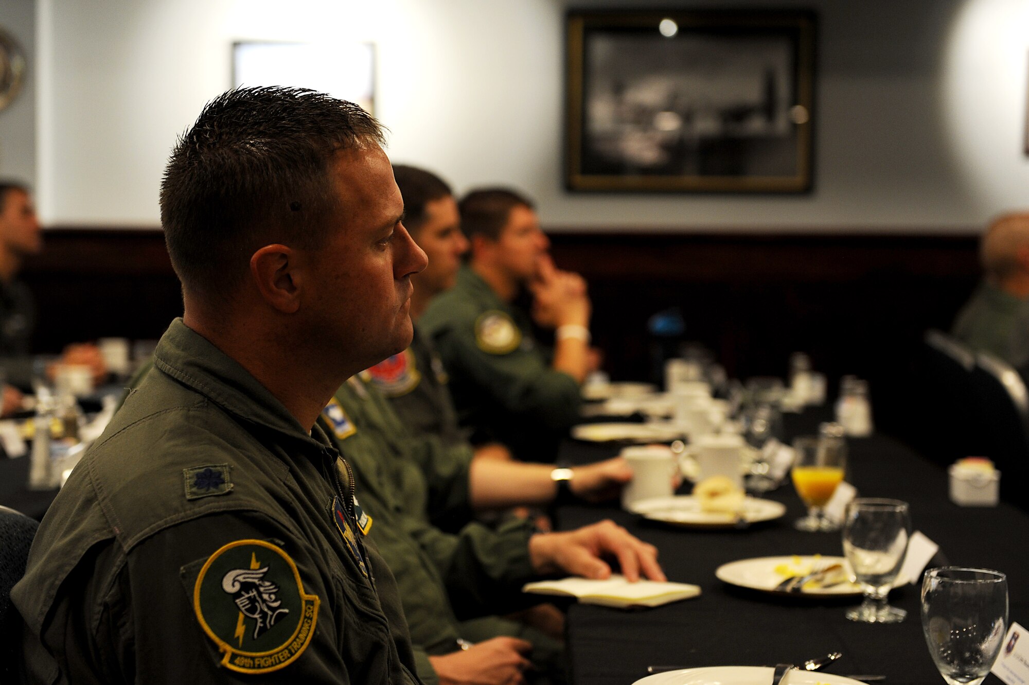 Squadron commanders from the 14th Flying Training Wing listen to Maj. Gen. Patrick Doherty, 19th Air Force commander at Columbus Air Force Base, Mississippi Aug. 6, 2018. Doherty talked about how the 19th Air Force wants to have just as much insight at the squadron level with ongoing problems in order to fix them faster and more efficiently. (U.S. Air Force photo by Airman 1st Class Beaux Hebert)