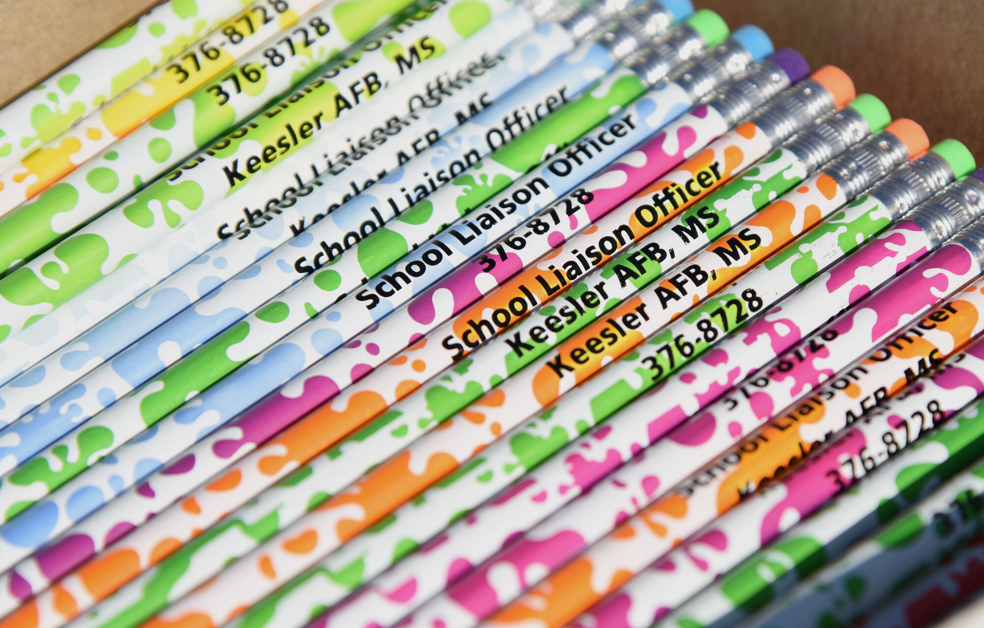 Pencils are displayed in a box at Keesler Air Force Base, Mississippi, Aug. 6, 2018. Keesler children were greeted by members from the 81st Security Forces Squadron, Keesler Fire Department and 81st Force Support Squadron as they went to Jeff Davis Elementary School on the first day of school. (U.S. Air Force photo by Kemberly Groue)